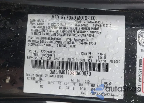 2008 Mercury Milan V6 из США, поврежденный, VIN 3MEHM01158R600070